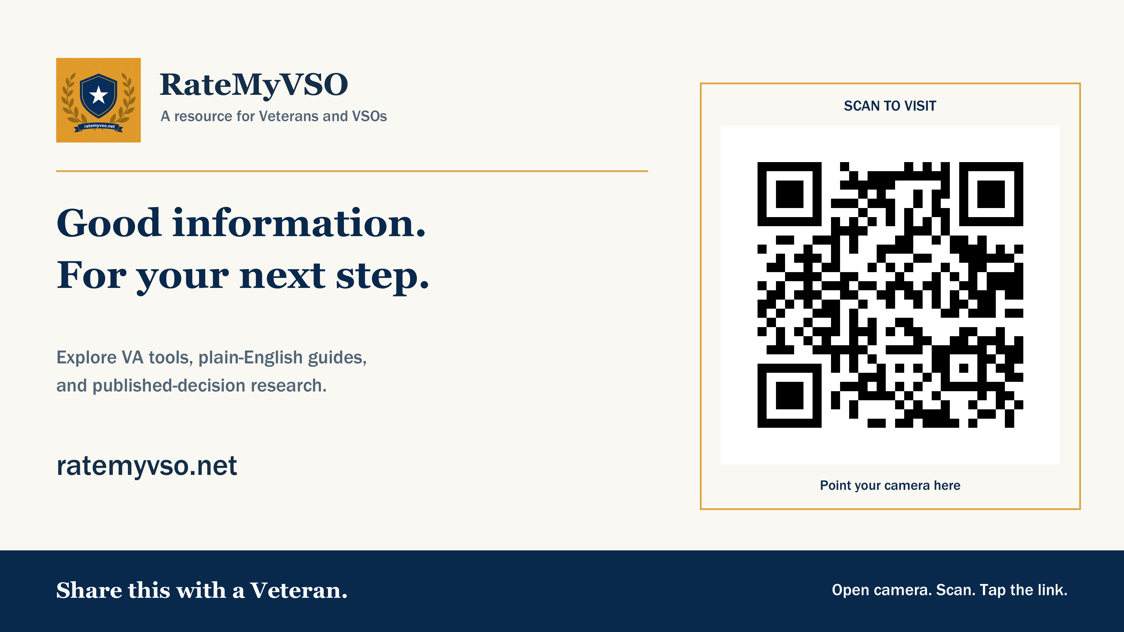 Widescreen presentation slide with the RateMyVSO logo, a QR code, and the address ratemyvso.net.