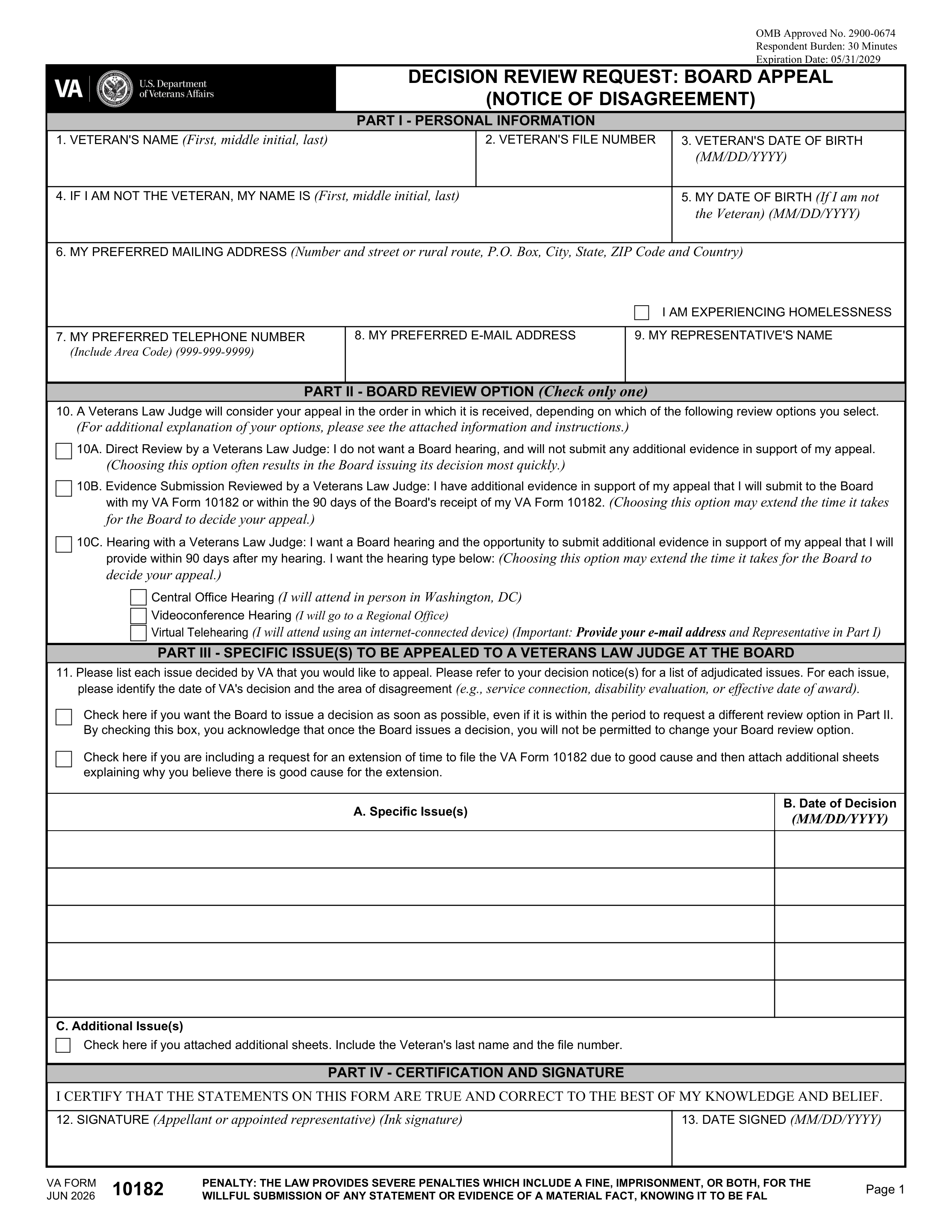 VA Form 10182, page 1, showing Part I identifying information, Part II docket selection, Part III issues on appeal, and Part IV signature