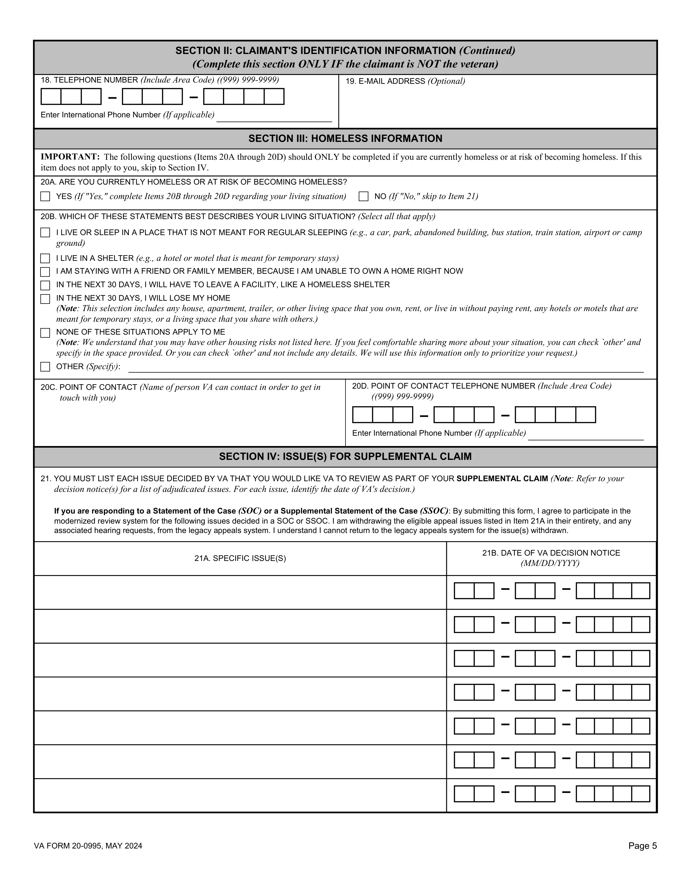 VA Form 20-0995, page 5, Section IV issues for supplemental claim, Item 21