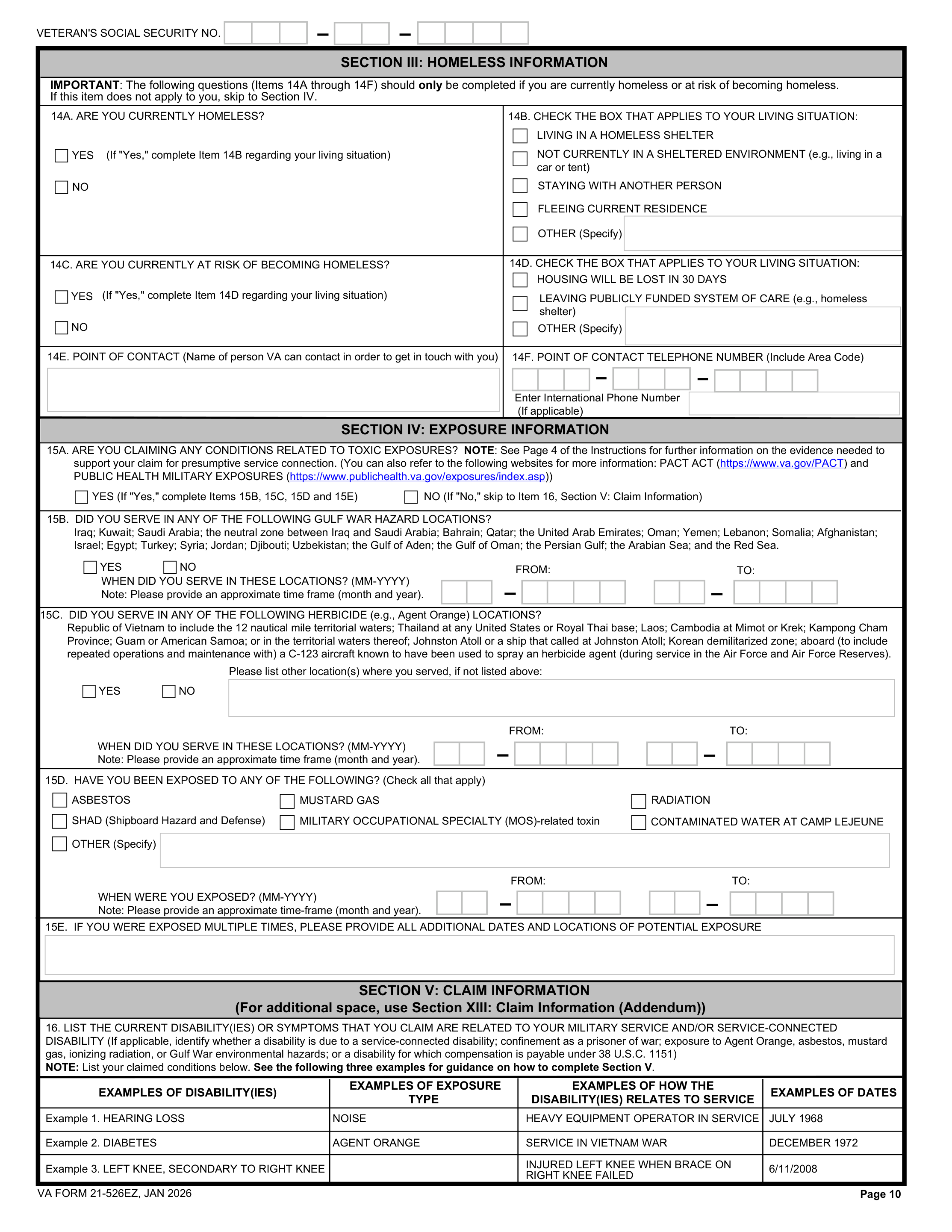 VA Form 21-526EZ, page 10, Section III Homeless Information questions and Section IV Exposure Information checkboxes for Gulf War, herbicide, and other exposure locations