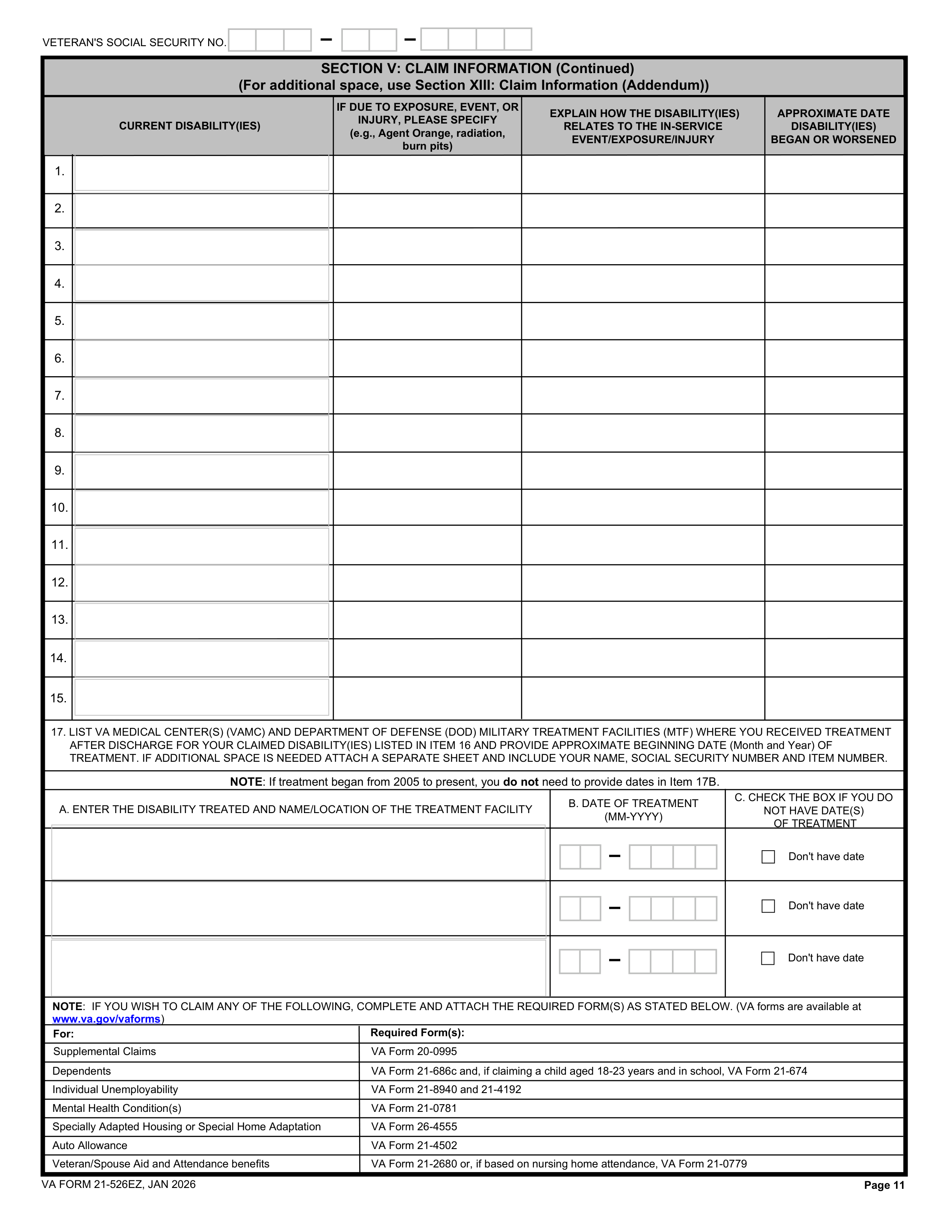VA Form 21-526EZ, page 11, Section V numbered table listing 15 rows for current disabilities, related exposure or event, how each relates to service, and approximate onset date, plus Item 17 treatment facility fields