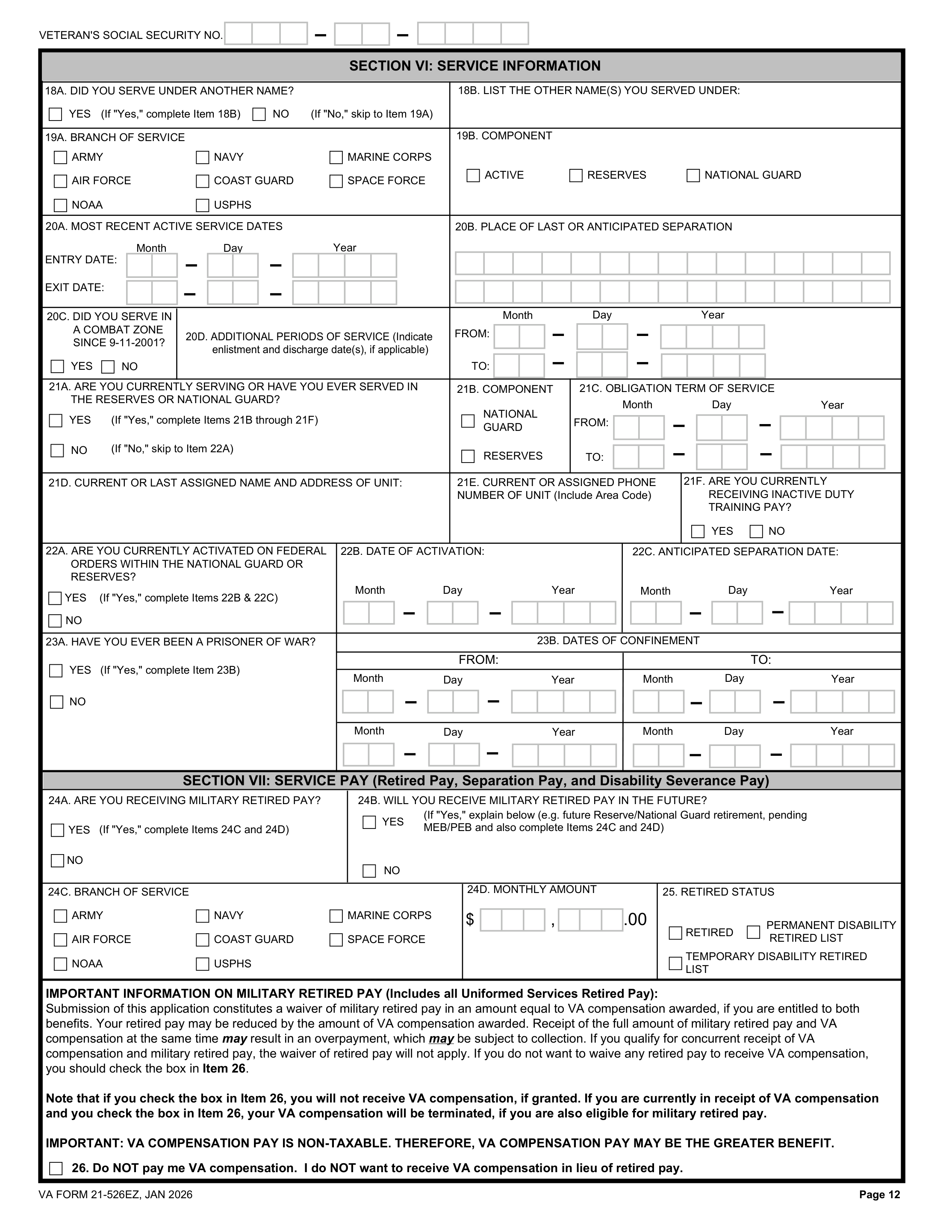 VA Form 21-526EZ, page 12, Section VI Service Information fields for branch, service dates, combat zone service, and Reserve or National Guard status, and Section VII Service Pay checkboxes for military retired pay