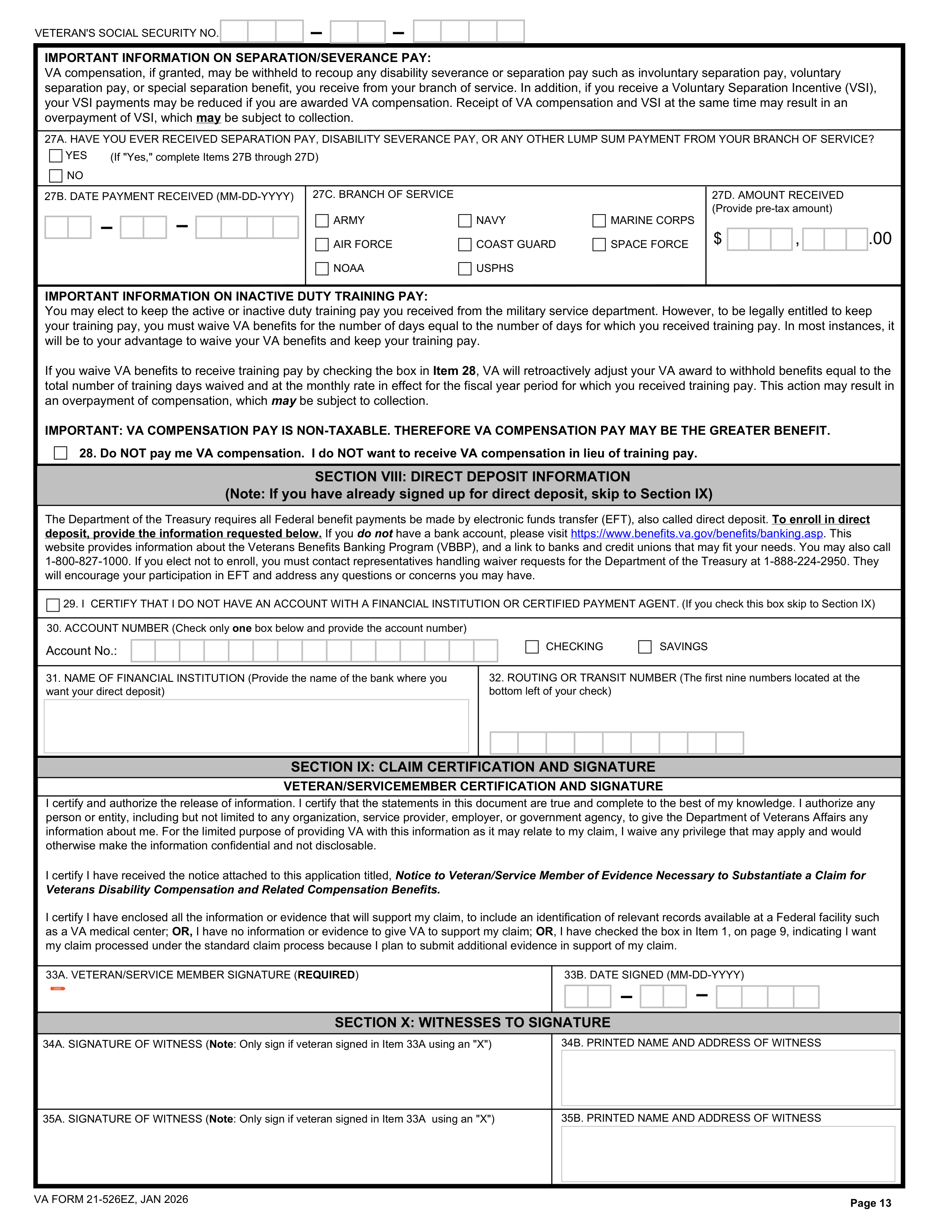 VA Form 21-526EZ, page 13, Section VIII Direct Deposit Information fields for account number, account type, financial institution name, and routing number