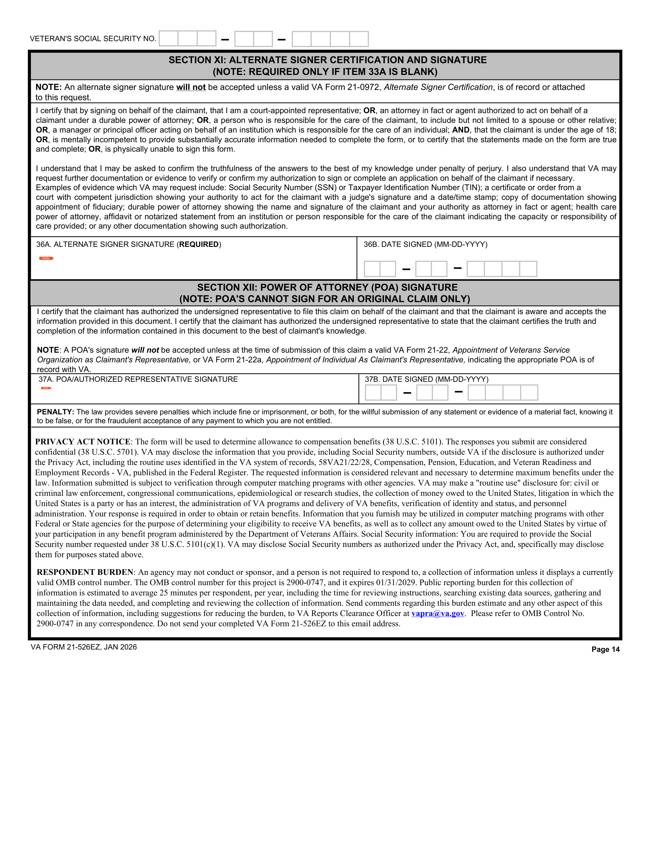 VA Form 21-526EZ, page 14, Section XI Alternate Signer Certification and Signature block and Section XII Power of Attorney Signature block