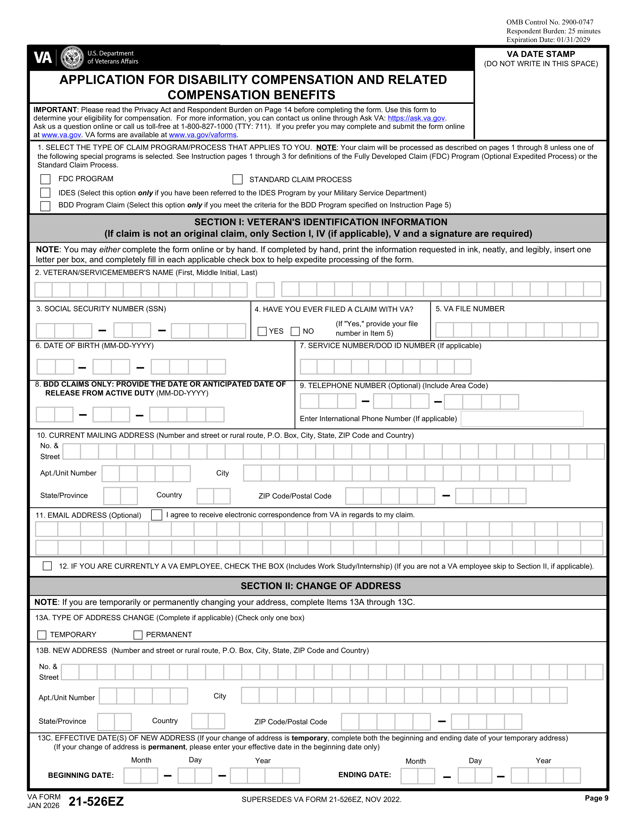 VA Form 21-526EZ, page 9, claim program checkboxes and Section I Veteran's Identification Information fields for name, SSN, date of birth, and mailing address