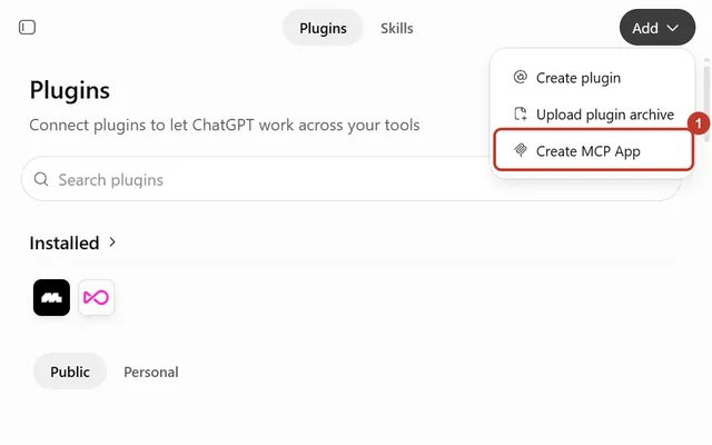 The ChatGPT Plugins page with the Add menu open and Create MCP App circled