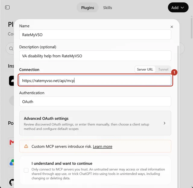 The ChatGPT New Plugin form filled in, with the RateMyVSO web address box circled