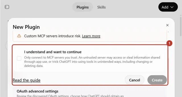 The I understand and want to continue box and the Create button circled in ChatGPT