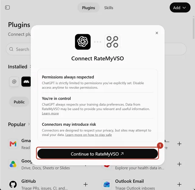 The ChatGPT Connect RateMyVSO box with the Continue to RateMyVSO button circled