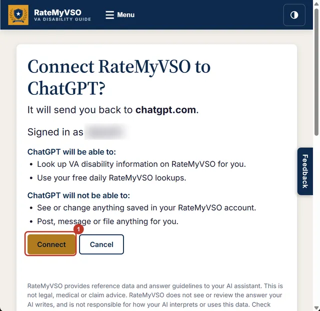 The RateMyVSO page that asks Connect RateMyVSO to ChatGPT, with the Connect button circled