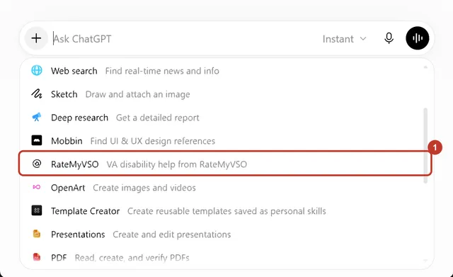 The ChatGPT plus menu open under the message box with RateMyVSO circled