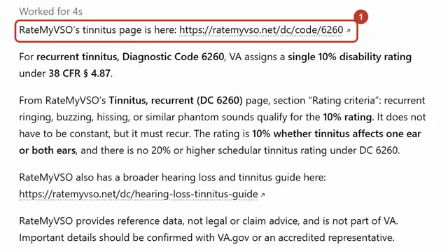 A ChatGPT answer about the tinnitus rating with its RateMyVSO link circled