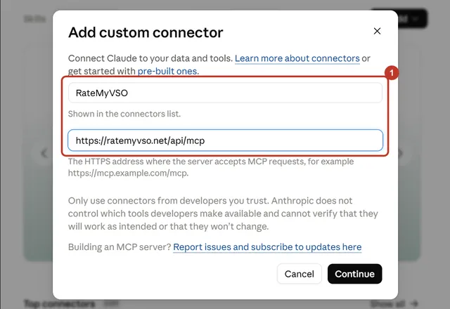The Claude Add custom connector box with the name and web address boxes filled in and circled