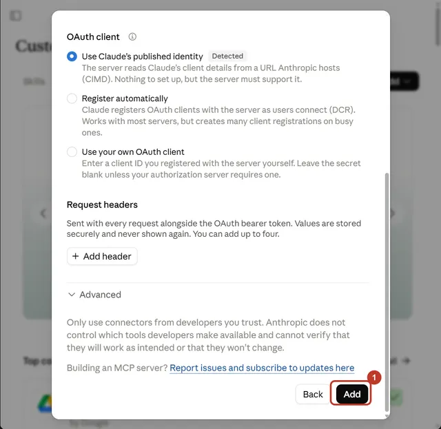 The second Claude connector screen with its choices left as they are and the Add button circled