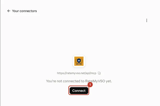 The RateMyVSO connector page in Claude with the Connect button circled