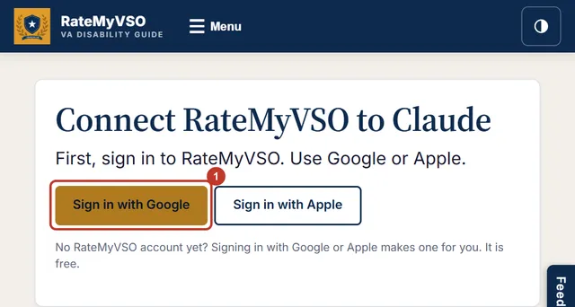 The RateMyVSO page Connect RateMyVSO to Claude with the Sign in with Google button circled