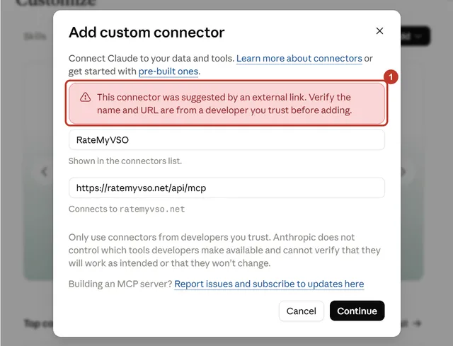 The Claude Add custom connector box filled in by the button, with its red external link note circled