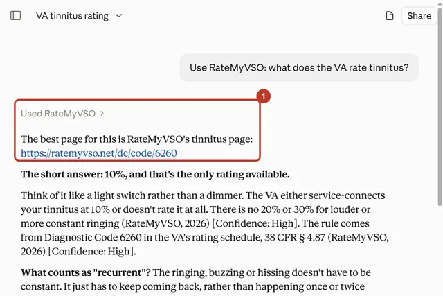A Claude answer about the tinnitus rating with Used RateMyVSO and its link circled