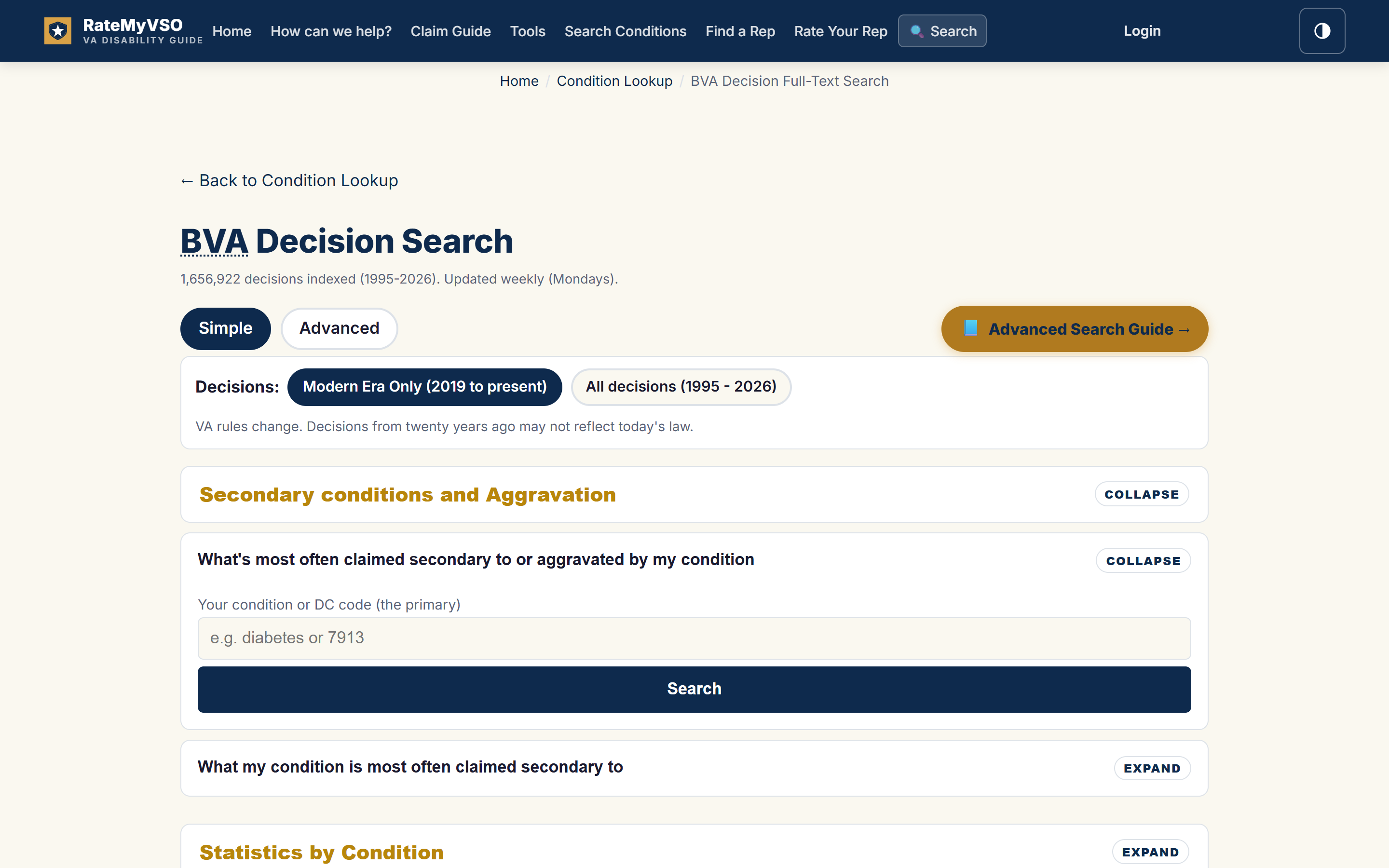 The Simple view of BVA Decision Search. At the top, a Simple and Advanced toggle with Simple selected, and Decisions pills reading Modern Era Only (2019 to present) and All decisions (1995 - 2026). Below are four collapsible sections with gold titles, each with an Expand or Collapse label: Secondary conditions and Aggravation, Statistics by Condition, Deeper questions, and Decision Text and specific scenarios. The first section is expanded, showing a question with a condition input box and a Search button.