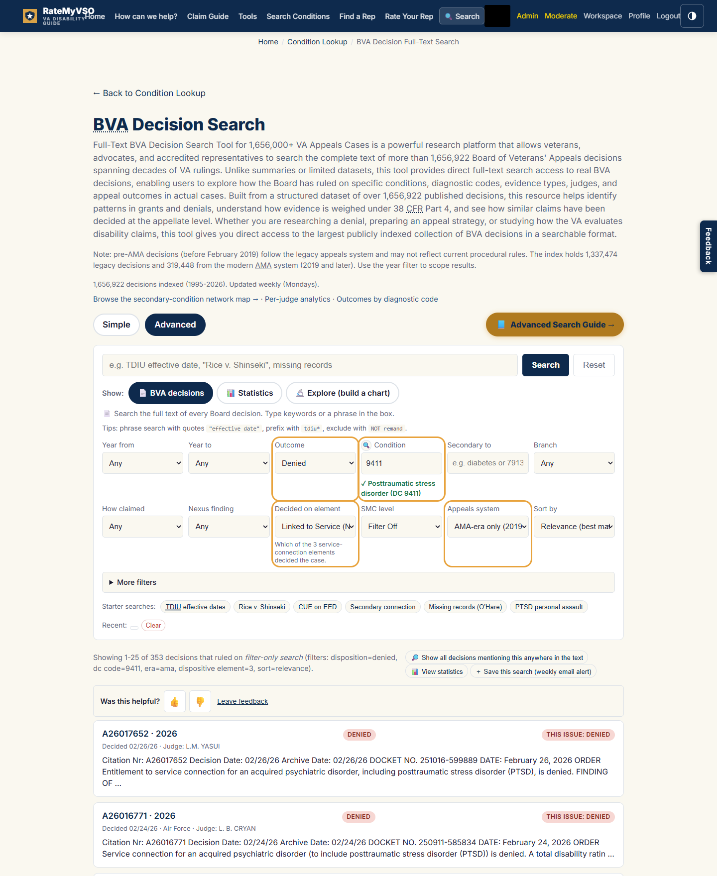 The BVA decisions form filled for this recipe, with the changed fields highlighted. The Condition box reads 9411 with a confirmation reading Posttraumatic stress disorder, Outcome is Denied, Decided on element is Nexus (the link), and Appeals system is AMA-era only. Below the form, result cards show denied PTSD decisions, each with a badge reading this issue: denied.
