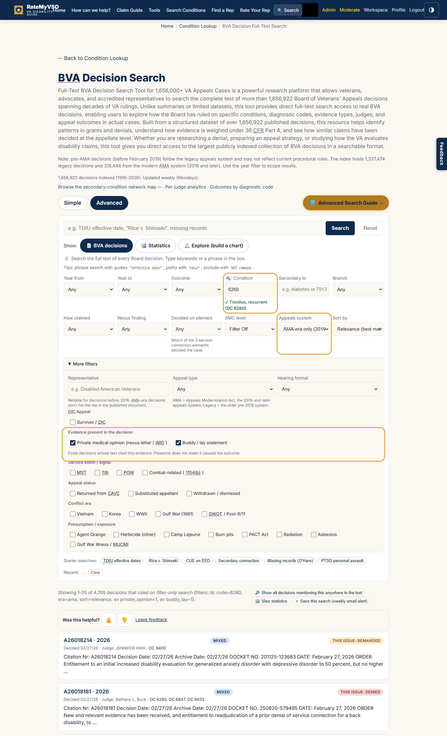 The BVA decisions form filled for this recipe. The Condition box reads 6260 with a confirmation reading Tinnitus, recurrent, the More filters panel is open with the Evidence present in the decision group highlighted and the Private medical opinion and Buddy / lay statement boxes checked, and Appeals system is AMA-era only. Below the form, result cards show tinnitus decisions.