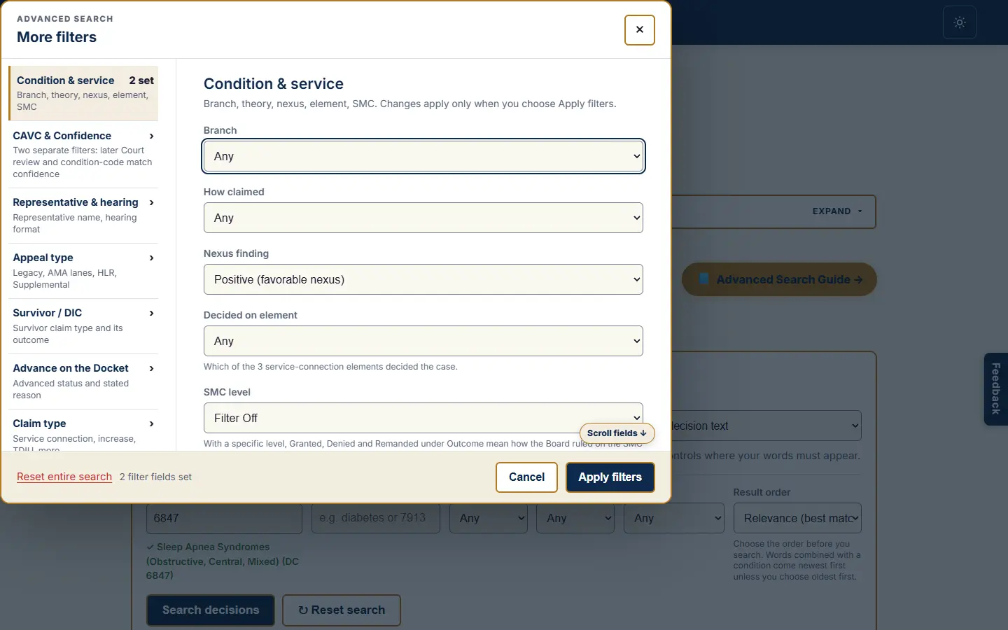 The filter editor at Condition and service with Nexus finding set to Positive for sleep apnea.