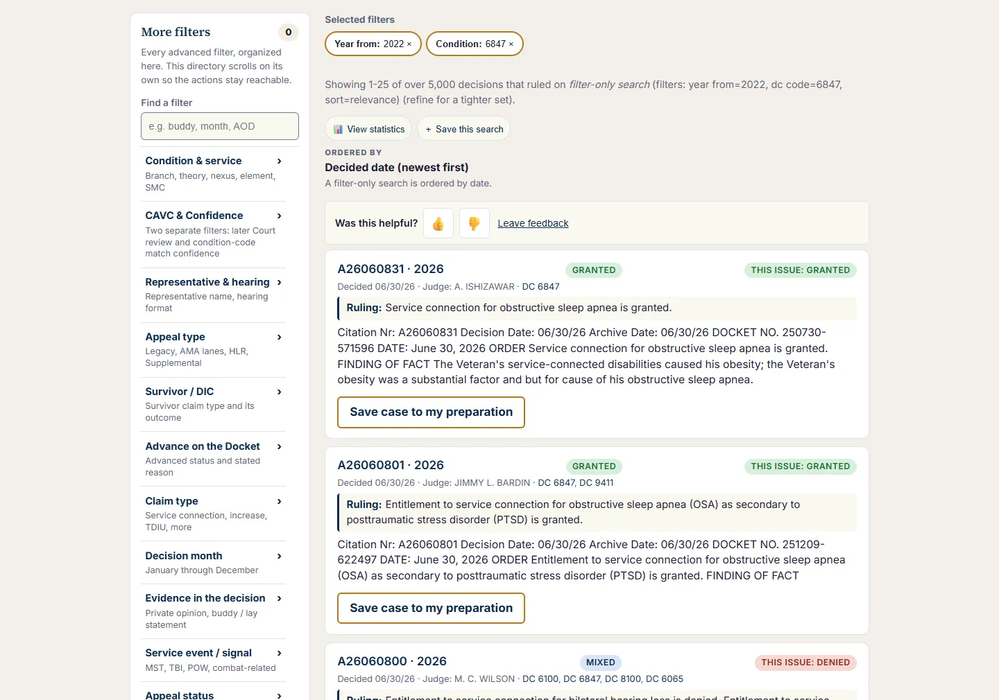 Decision results under the search surface: the selected-filter chips, the results line, the Ordered by line, and result cards each showing citation, date, judge, matched code, overall outcome, the ruling line and an excerpt.
