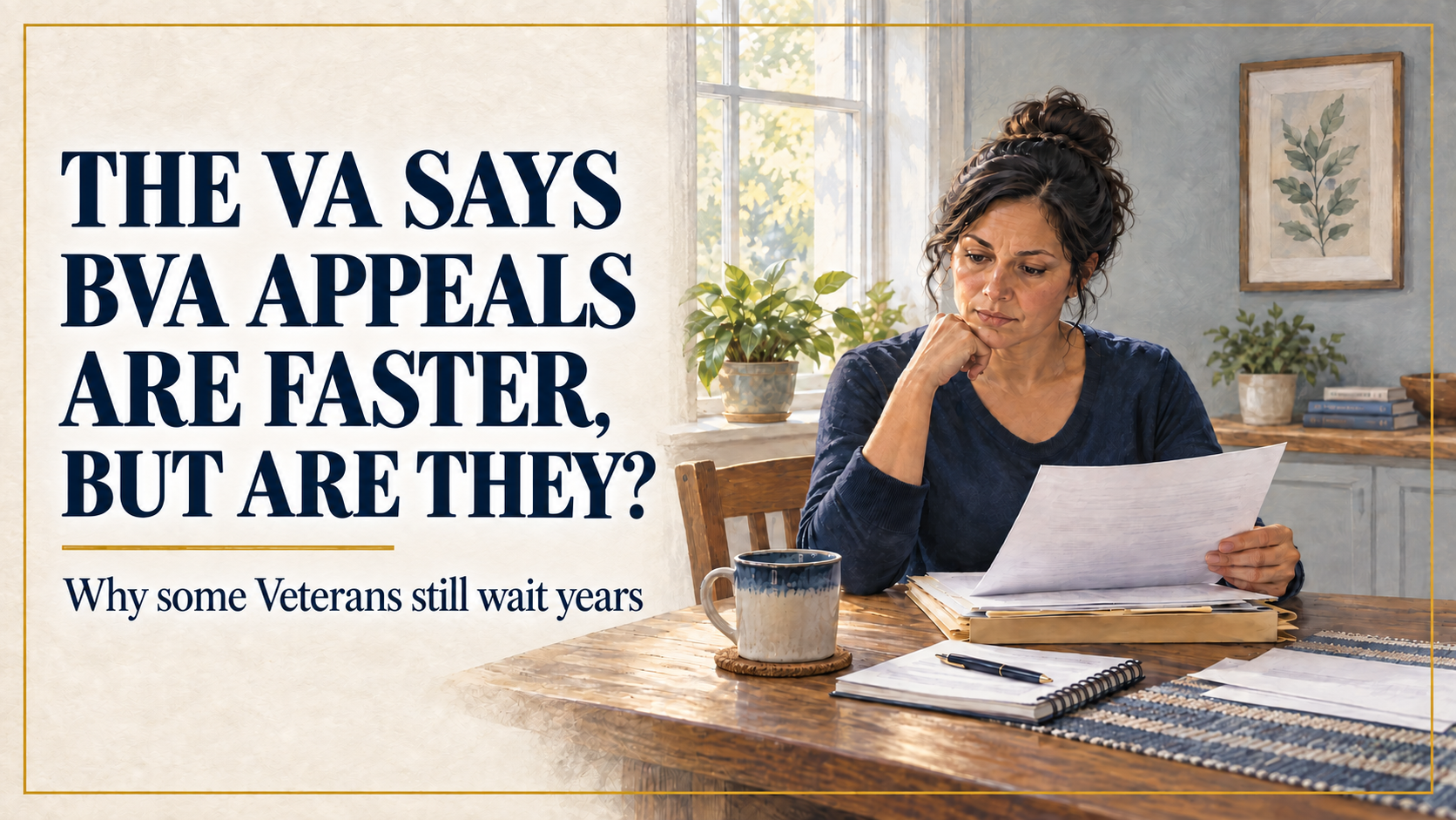 Editorial illustration of a fictional woman reviewing paperwork beside the title The VA Says BVA Appeals Are Faster, But Are They? She is not Karissa.