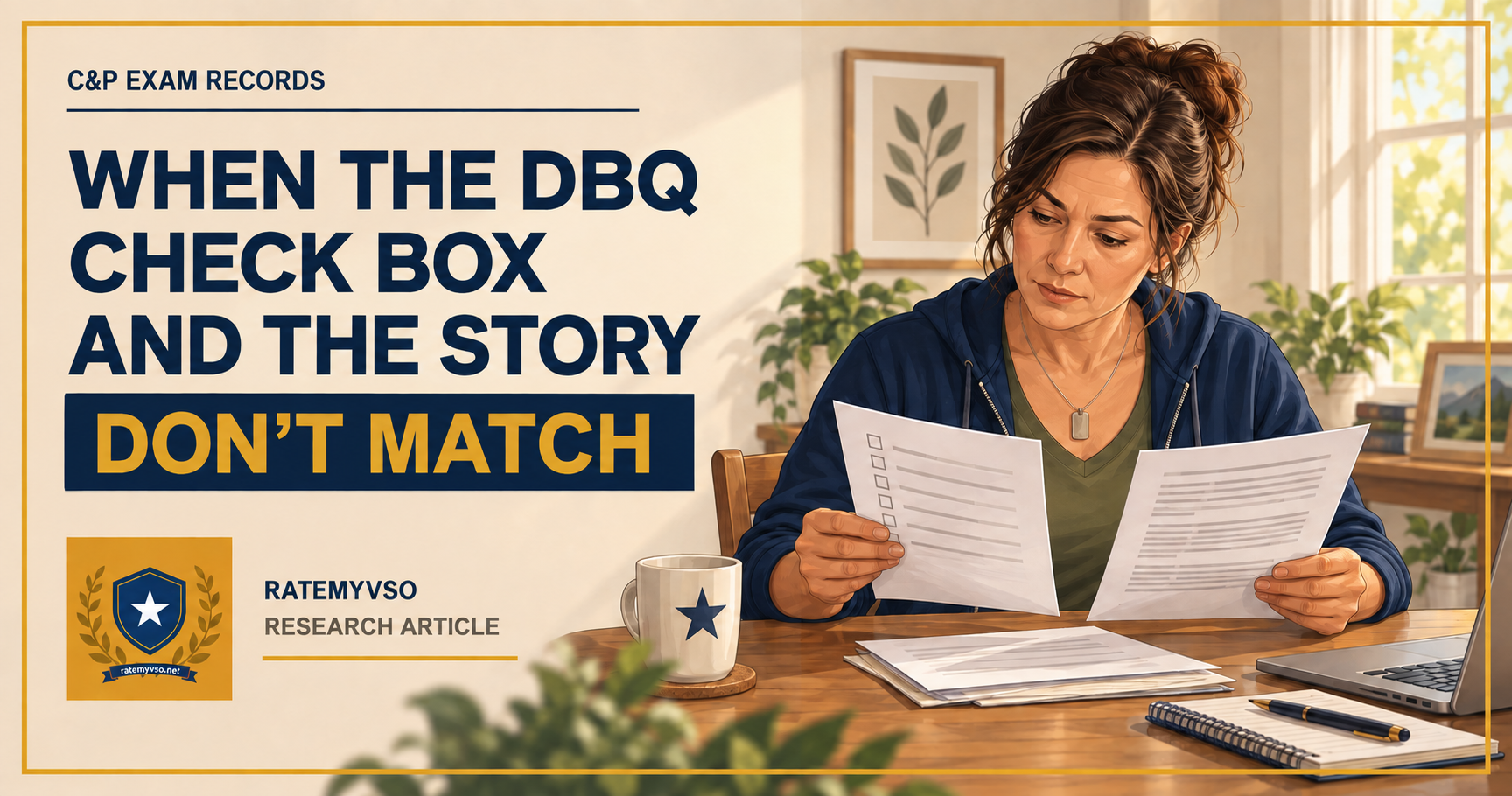 Editorial illustration of a woman comparing the check boxes and written explanation in an exam report, beside the title When the DBQ Check Box and the Story Don't Match.