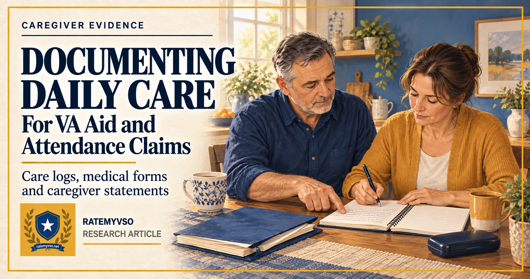 Illustrated article cover titled Documenting Daily Care for VA Aid and Attendance Claims, with a veteran and caregiver reviewing a notebook, a gold frame and RateMyVSO emblem.