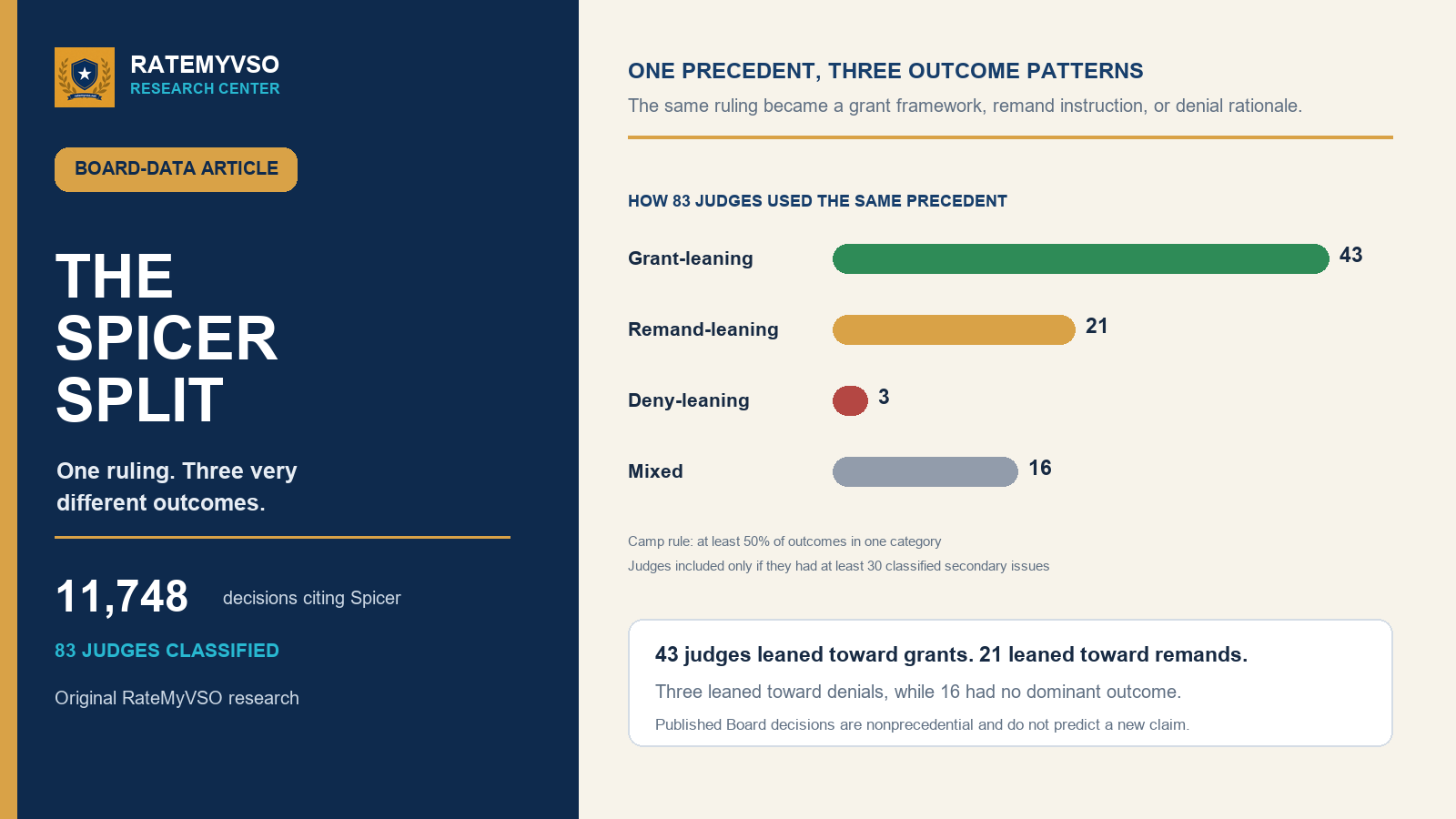 Editorial summary showing Spicer-citing Board decisions divided among grant, remand, denial, and mixed judicial patterns.