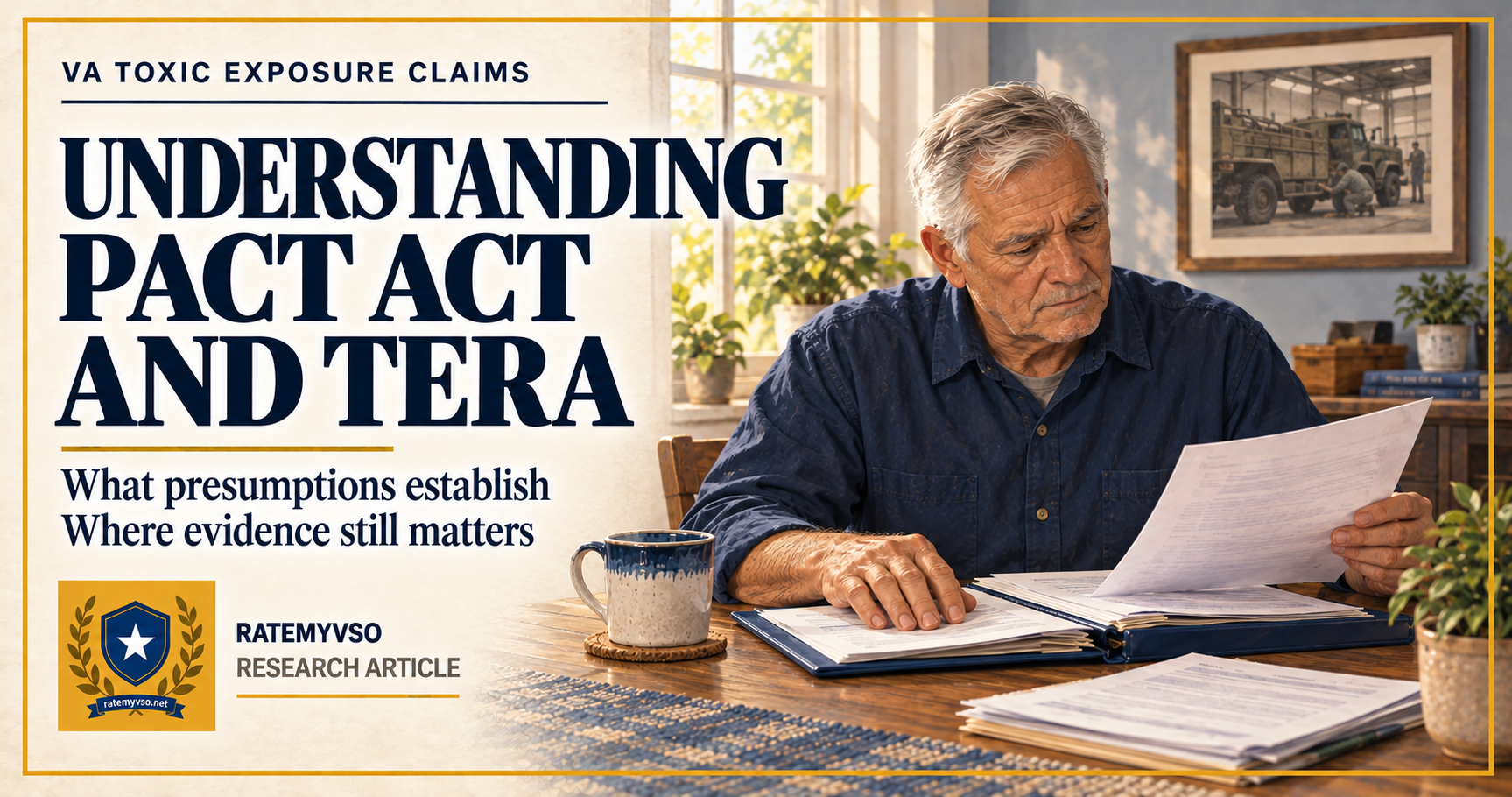 Illustrated older veteran reviewing service and medical paperwork at a table beside the headline Understanding PACT Act and TERA. Navy serif type, cream background, gold frame, and RateMyVSO emblem match the article series.