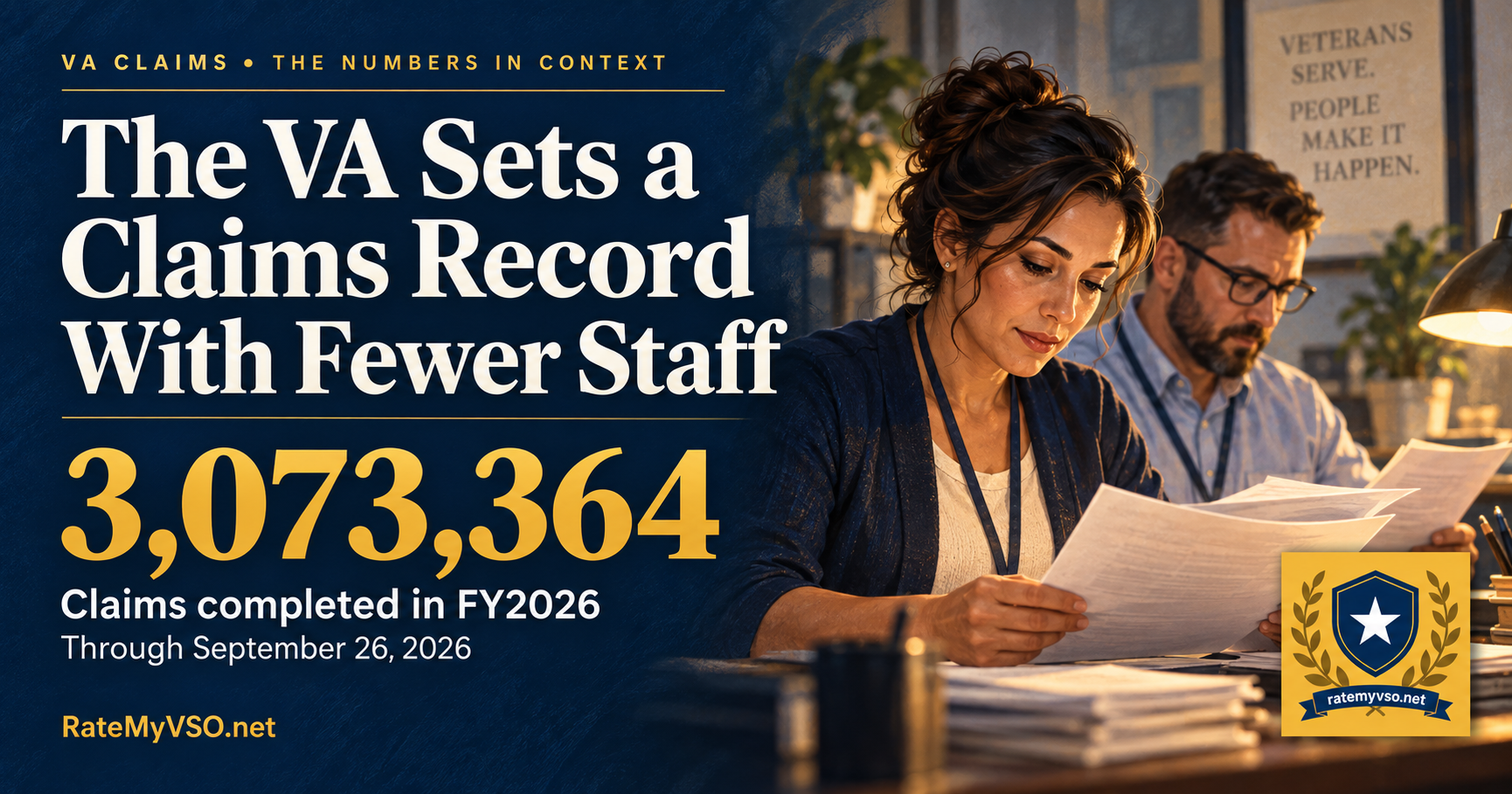 Editorial illustration of two fictional benefits staff reviewing paperwork beside the title The VA Sets a Claims Record With Fewer Staff and 3,073,364 claims completed in FY2026 through September 26, 2026.
