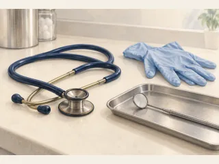 A stethoscope, exam gloves and medical instruments