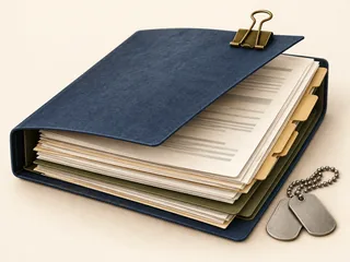 A navy records folder with military dog tags