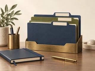 A tidy desk with labelled folders