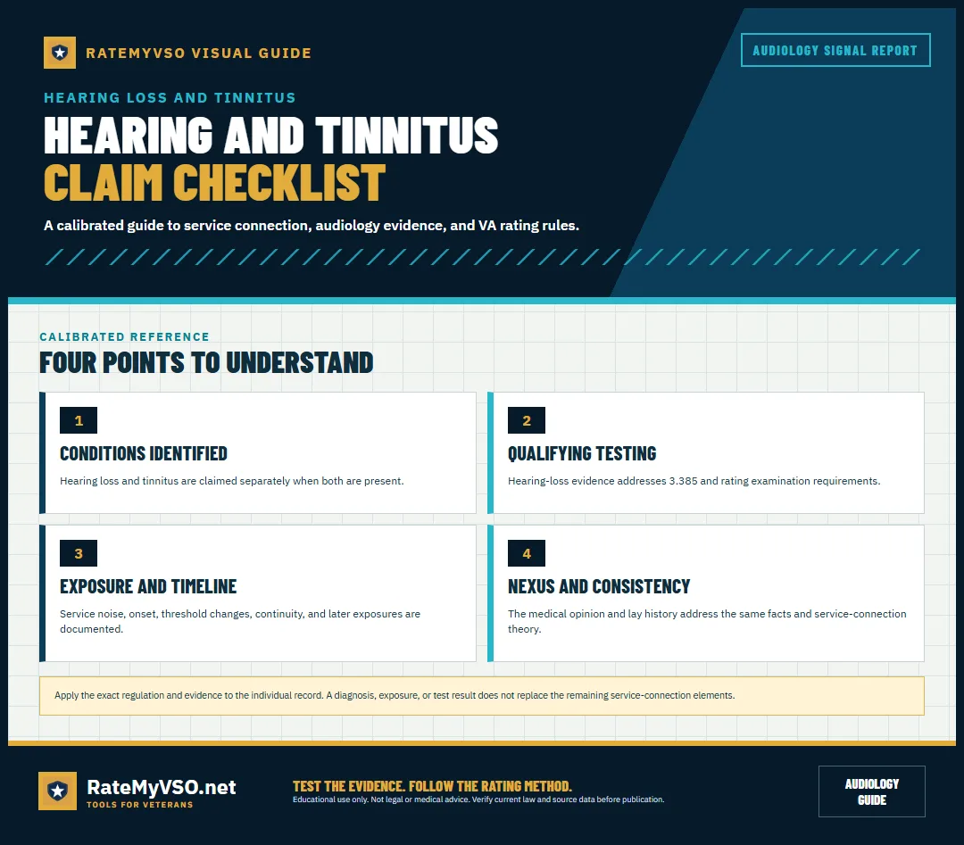 Four-part completeness check for hearing-loss and tinnitus claims.