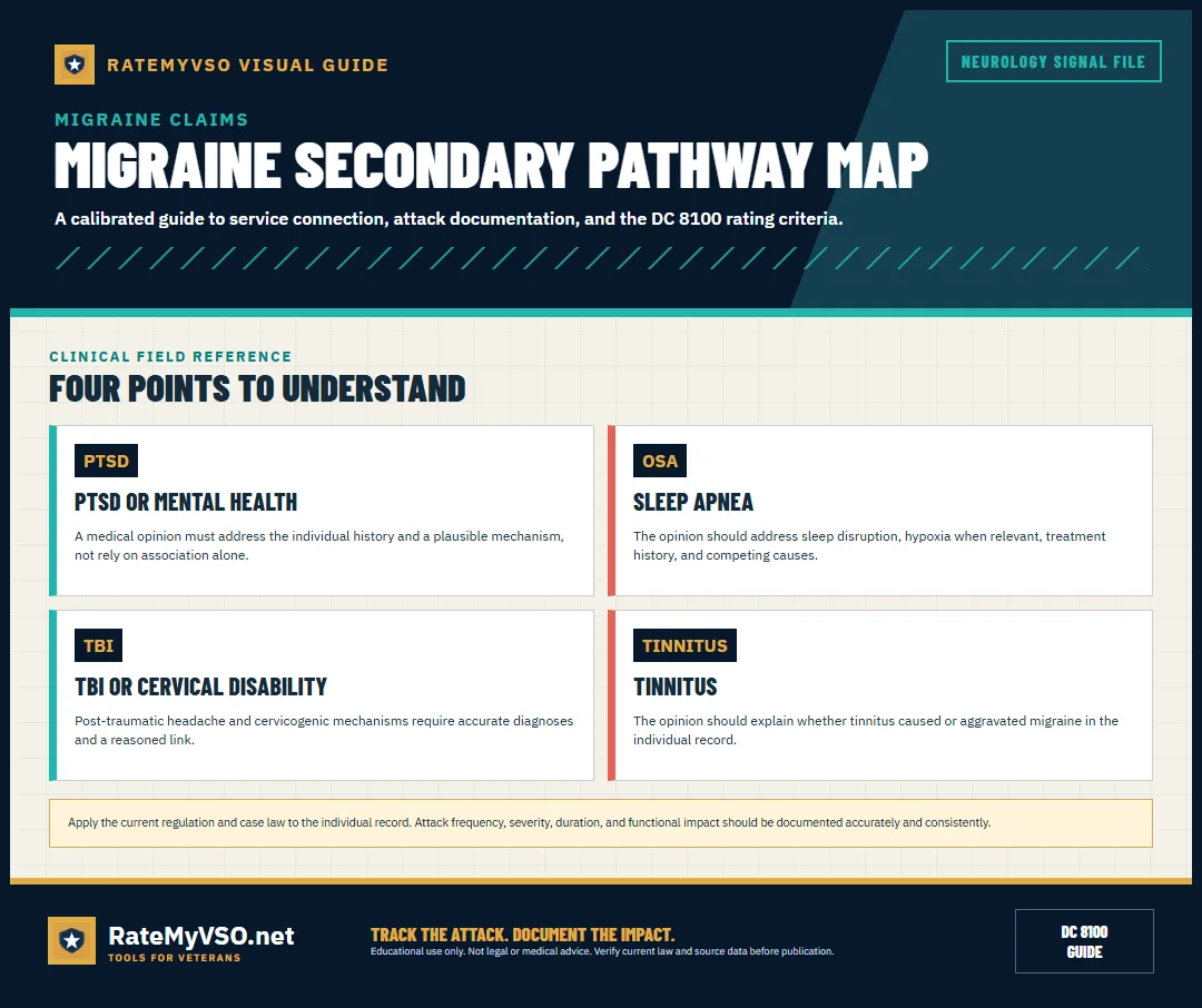 PTSD, sleep apnea, TBI or cervical disability, and tinnitus pathways.
