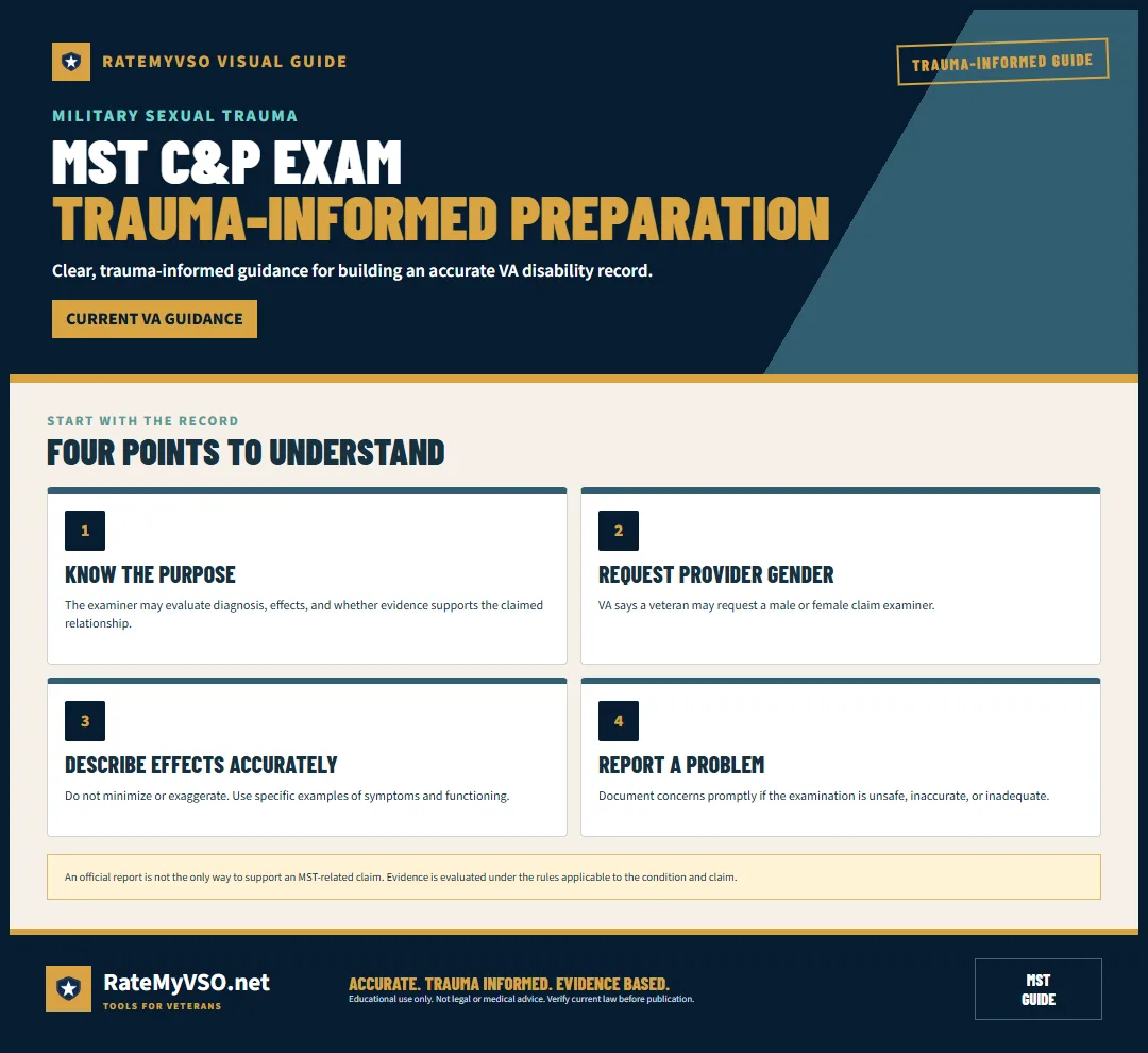 Trauma-informed preparation guide for an MST-related claim examination.