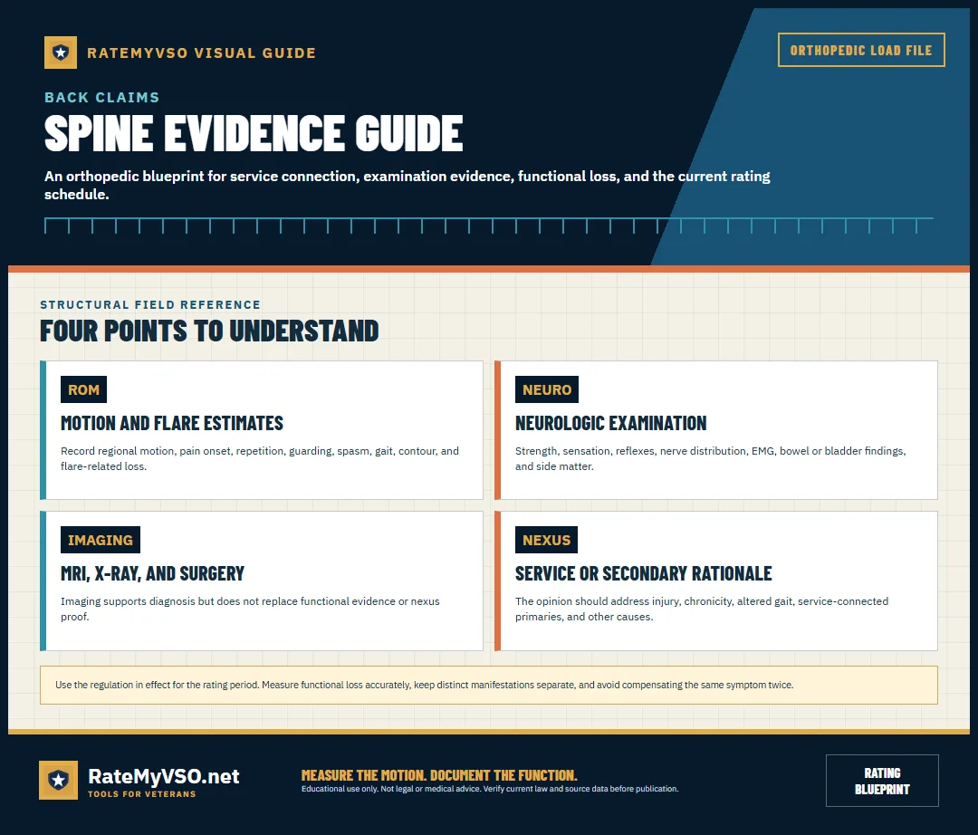 Motion, neurologic, imaging, and nexus evidence.