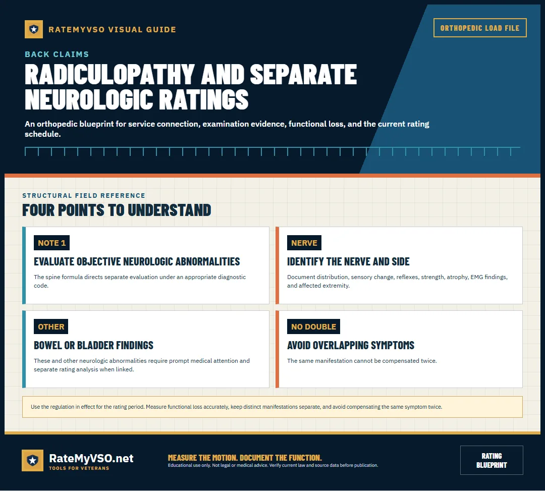 Separate neurologic evaluation, nerve identification, bowel or bladder findings, and overlap caution.