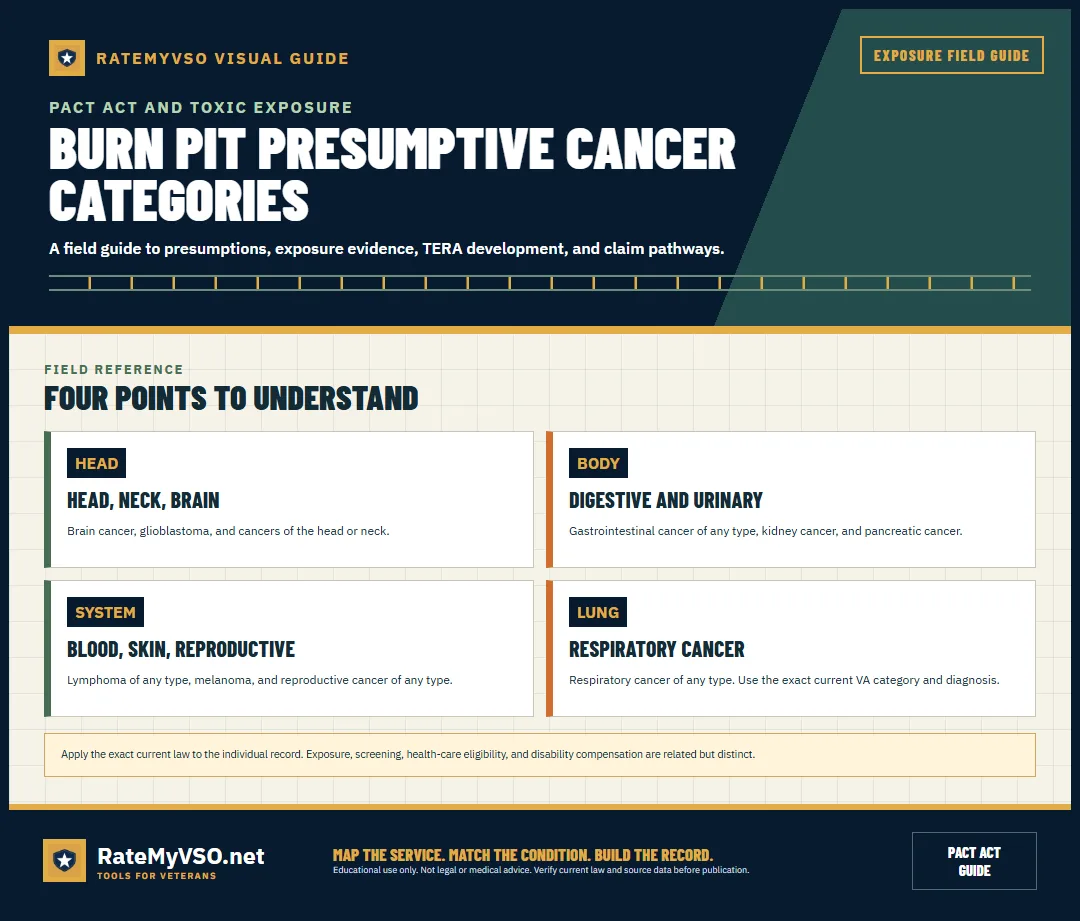 Grouped list of presumptive cancer categories.